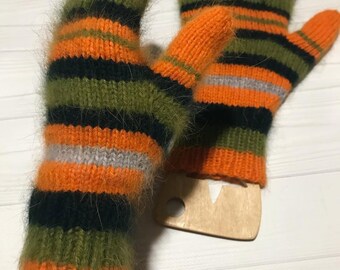Angora Knit Gloves, Striped Winter Mittens, Whimsical Hand Knitted
