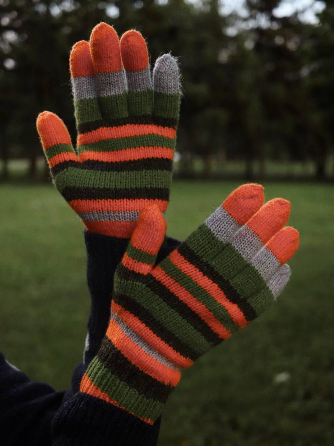 Striped Knit Gloves, Merino Wool Fingerless Mittens, Whimsical