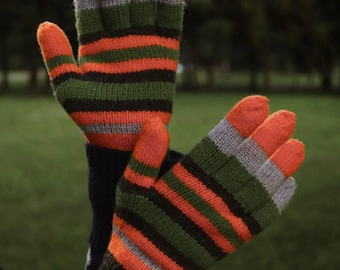 Striped Knit Gloves, Merino Wool Fingerless Mittens, Whimsical Hand Knitted Gloves, Witchy Aesthetic Gift for Women Teen, Cozy Autumn Winter