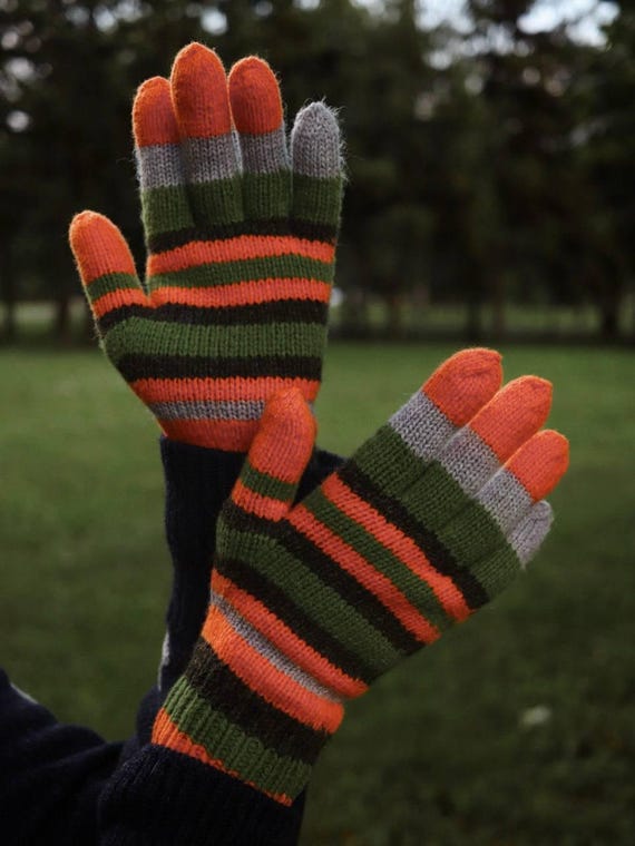 Striped Knit Gloves, Merino Wool Fingerless Mittens, Whimsical
