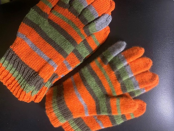 Merino Wool Knit Gloves, Striped Fingerless Mittens, Hand Knitted