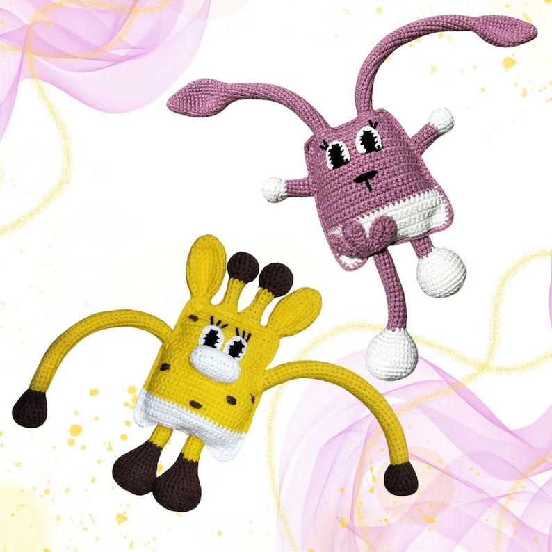 May include: Two crocheted stuffed toys. One is a pink bunny with long ears and the other is a yellow giraffe with long arms. Both toys have embroidered eyes and mouths.