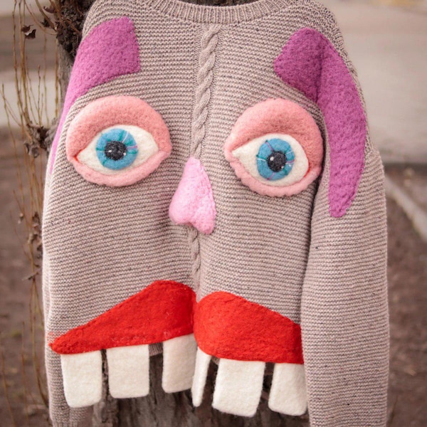 Cardigan knit face, Handmade OOAK design, Unique gray clothes eyes design made with wool, Unique trending now cardigan adult for women