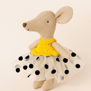Maileg Mouse Dress – Handmade Yellow Knit Top & Polka Dot Tulle Skirt | Outfit for Little Sister, Big Sister, Mom Mouse