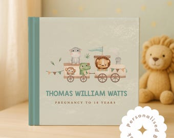 Libro de bebé personalizado con temática de tren de la jungla / Desde el embarazo hasta los 18 años / Diario de recuerdos personalizado, regalo para recién nacidos, regalo para baby shower