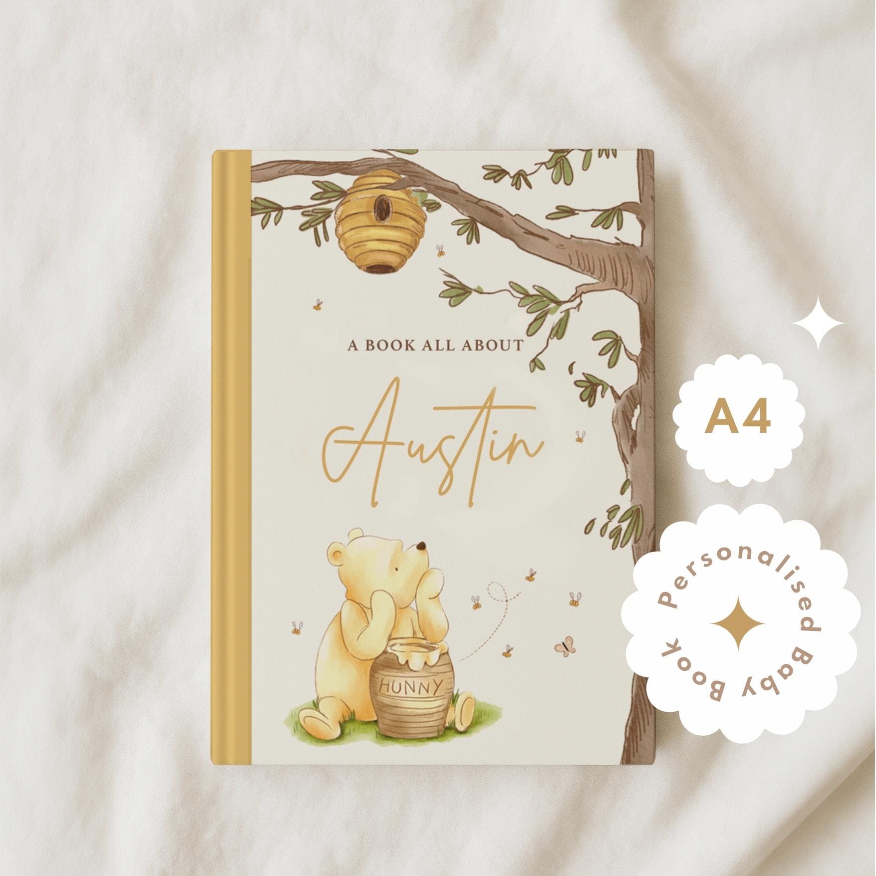 Libro de recuerdos clásico de Winnie the Pooh para bebé / Diario personalizado para bebé / Desde el embarazo hasta los 5 años / Hitos, primeras veces y foto de recuerdo para baby shower