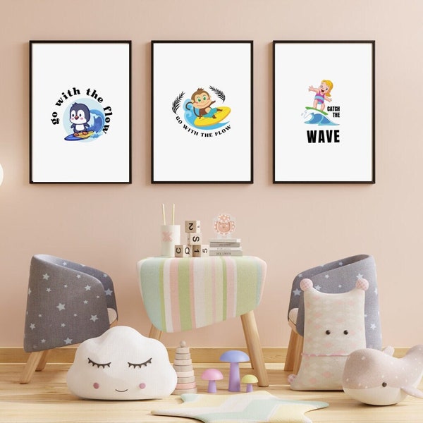 3 different characters for your toddles| Little boy Cute Surfing| Set of 3 Printable| Magical Moments| Toddler Room Decor| Toddler Wall Art|