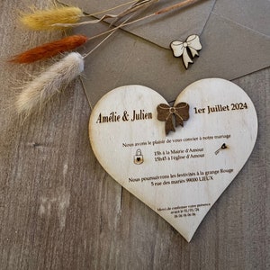 Wooden wedding invitation. Customizable wedding invitation. Wedding invitation heart