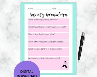 Puede incluir: Una hoja de trabajo imprimible sobre la ansiedad con el título "Anxiety Breakdown" y preguntas para ayudarte a comprender y controlar tu ansiedad. La hoja de trabajo está sobre un fondo rosa con un borde azul claro.
