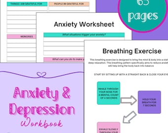 Anxiety and Depression Workbook Printable | 65-Page Mental Health Journal PDF | Self-Help Worksheets for Stress Relief, Mindfulness Healing