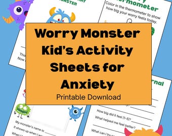 May include: Printable activity sheets for kids to help manage anxiety. The sheets feature colorful illustrations of monsters and prompts to help children identify and cope with their worries. The text on the sheets includes "Worry Monster Kid's Activity Sheets for Anxiety" and "Printable Download".