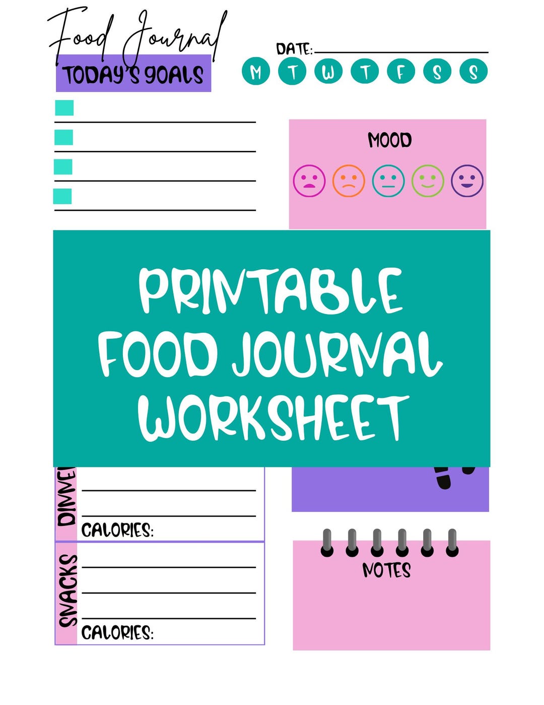 Food Journal Worksheet Printable | Daily Food Log for Meal Tracking ...