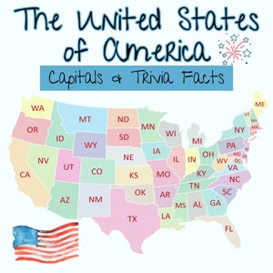 50 kleurplaten Amerikaanse staten met hoofdletters en feiten | Educatieve afdrukbare voor kinderen | Studiegids | Leren werkbladen aardrijkskunde