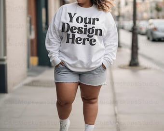 Gildan 18000 Mockup Gildan White Sweatshirt Mockup Sweatshirt Plus Size Model Mockup White Gildan 18000 Crewneck Gildan Lifestyle Mockup