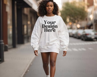 Gildan 18000 Mockup Gildan White Sweatshirt Mockup Sweatshirt Model Mockup White Gildan 18000 White Crewneck Lifestyle Black Model Mockup