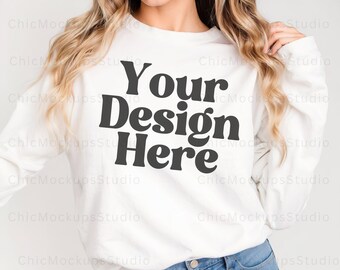 Gildan 18000 Mockup Gildan White Sweatshirt Mockup Sweatshirt Model Mockup White Gildan 18000 White Crewneck Simple Mockup Cute Model Mockup