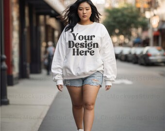 Gildan 18000 Mockup Gildan White Sweatshirt Mockup Sweatshirt Model Mockup White Gildan 18000 White Crewneck Lifestyle Black Model Mockup