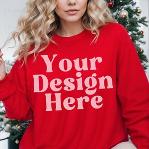 Gildan 18000 Mockup Gildan Red Sweatshirt Mockup Christmas Sweatshirt Model Mockup Gildan Red 18000 Red Simple Mockup Christmas Model Mockup