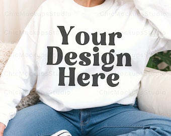 Gildan 18000 Mockup Gildan White Sweatshirt Mockup Sweatshirt Model Mockup White Gildan 18000 White Crewneck Simple Mockup Boho Model Mockup