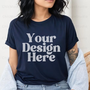 Navy Bella Canvas 3001 Mockup Bella Canvas Mockup Navy T-Shirt Mockup Female Model Mockup Woman 3001 T-shirt Navy Mockup Lifestyle Mockup