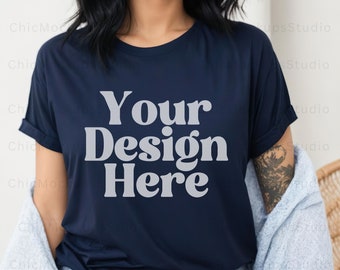 Navy Bella Canvas 3001 Mockup Bella Canvas Mockup Navy T-Shirt Mockup Female Model Mockup Woman 3001 T-shirt Navy Mockup Lifestyle Mockup