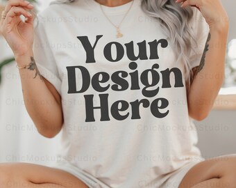 Natural Bella Canvas 3001 Mockup 3001 Natural Mockup Tshirt Mockup Boho Model Mockup Oversized Shirt Mockup Bella Canvas Mockup BC 3001