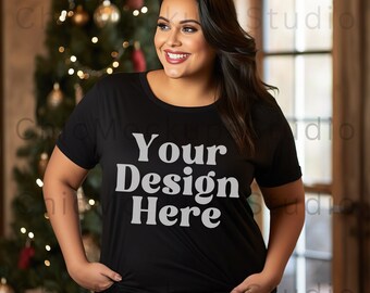Zwart Bella Canvas 3001 Mockup Tshirt Mockup Kerstshirt Mockup Herfst Mockup Womens Tee Mock Zwart T-Shirt Mockup Plus Size Model Mockup