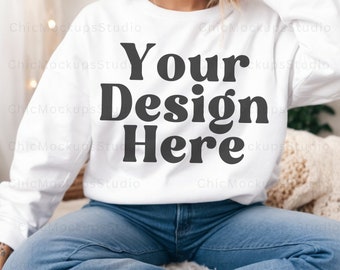 Gildan 18000 Mockup Gildan White Sweatshirt Mockup Sweatshirt Model Mockup White Gildan 18000 White Crewneck Simple Mockup Boho Model Mockup