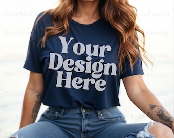 Navy Bella Canvas 3001 Mockup 3001 Navy Mockup Navy Tshirt Mockup Boho Model Mockup Oversized Shirt Mockup Bella Canvas Mockup BC 3001