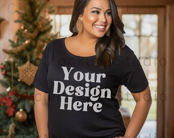 Zwart Bella Canvas 3001 Mockup Tshirt Mockup Kerstshirt Mockup Herfst Mockup Womens Tee Mock Zwart T-Shirt Mockup Plus Size Model Mockup