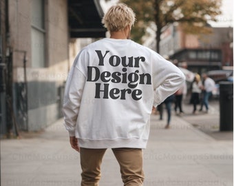 Back of Gildan 18000 White Crewneck Mockup Gildan Crewneck Mockup Crewneck Mockup Back of Model Mockup Male Model Mockup Lifestyle Mockup