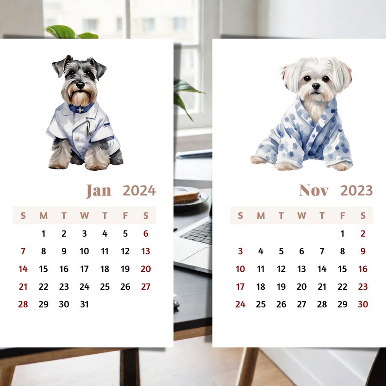 Cute Dogs With Suits 8.5 X11 Printable 2024 Calendar, Digital Monthly
