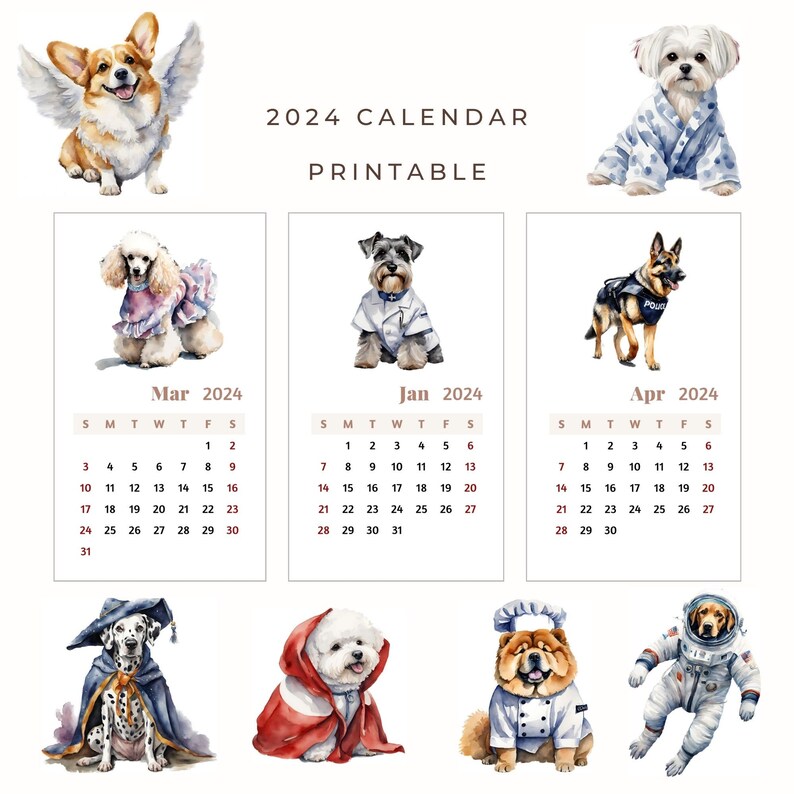 Cute Dogs With Suits 8.5 X11 Printable 2024 Calendar, Digital Monthly