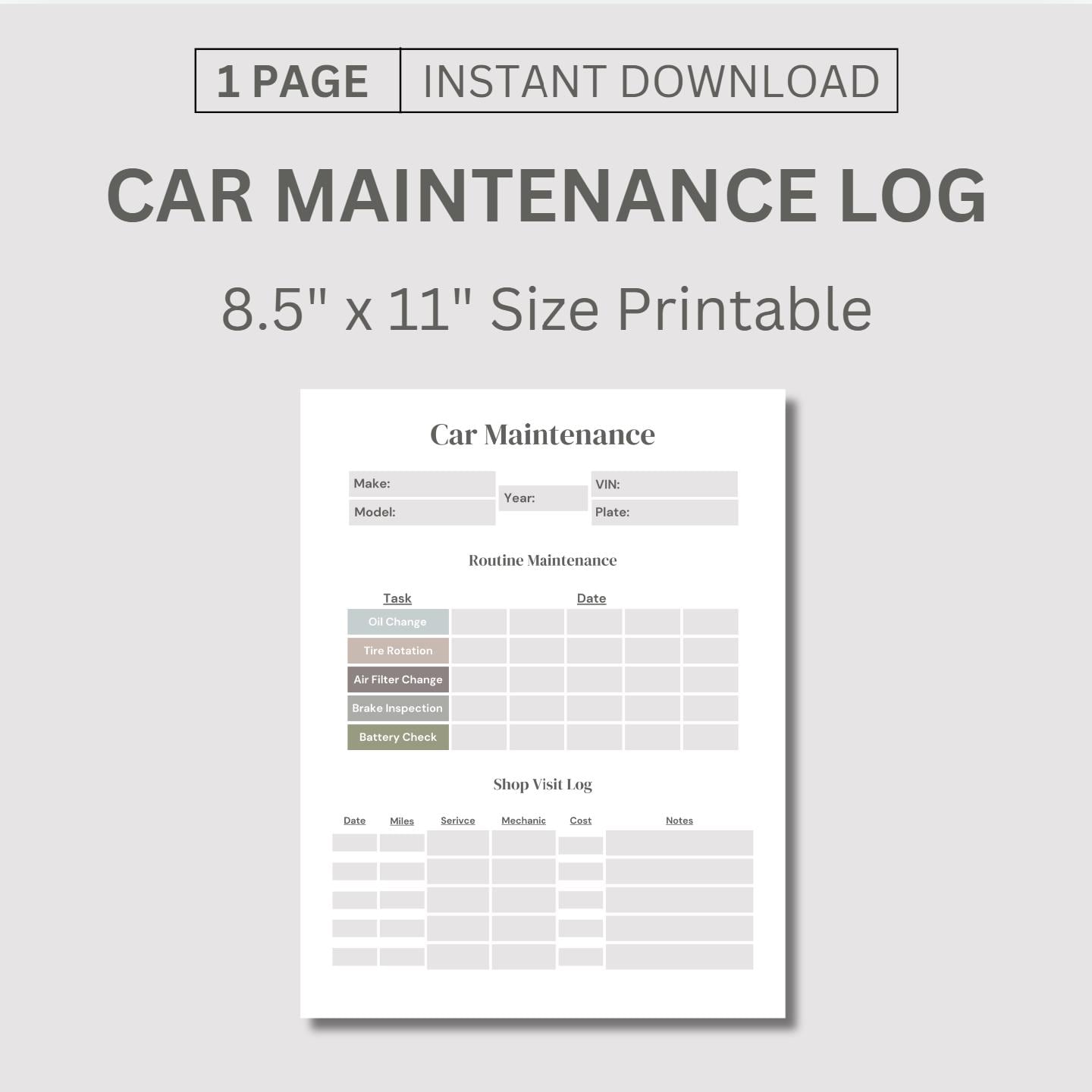 Vehicle Maintenance Log Printable | Vehicle Service Tracker | Vehicle ...