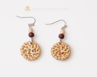 Boucles d'oreilles rondes en rotin, perles en bois, taille mini _ER-01