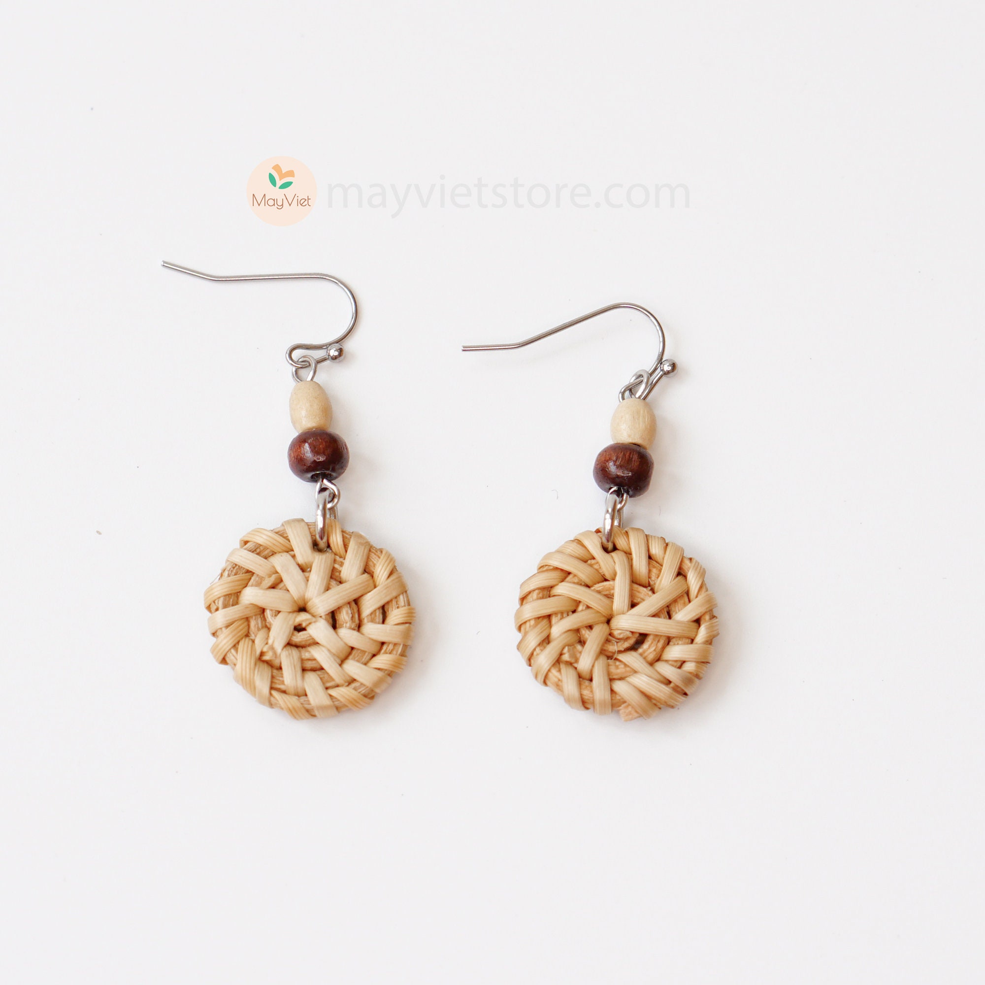 Boucles D'oreilles Pendantes En Rotin 4 Cm, Beige, Fermoir Clous Inox