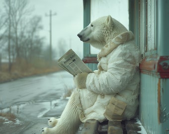 Digital Download – Polar Bear at a bus stop – Wall Poster – Wall Art - Printable Art – Home Décor – Animal Poster – Living Room Poster