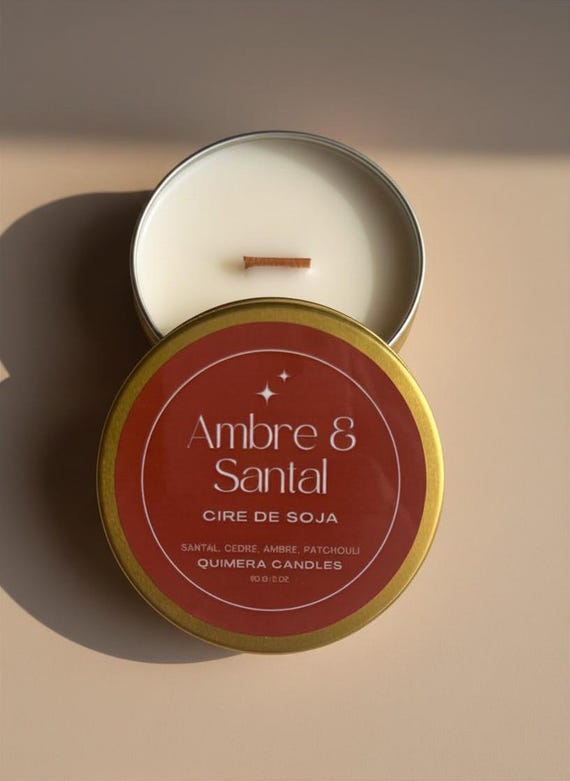 Bougie de voyage parfumée · Bougie artisanale en cire de soja · Ambre & Santal · Mèche en bois · Cadeau femme
