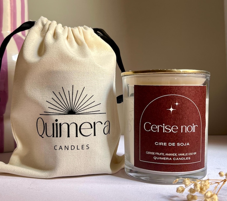 Hantverksbougie i sojasås Cerise noir – Mèche en bois – 210 g – Avec son pochon en coton bild 1
