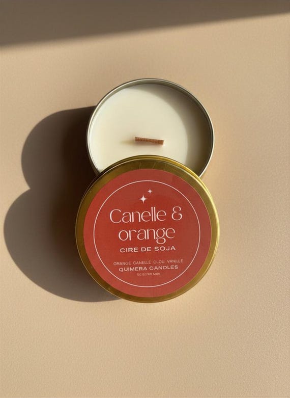 Bougie de voyage parfumée · Bougie artisanale en cire de soja · Cannelle & Orange · Mèche en bois · Cadeau femme