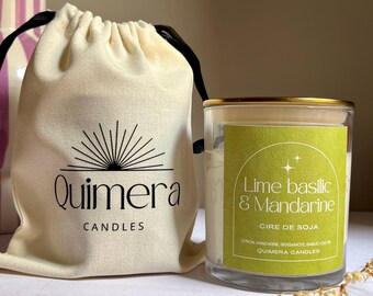 Handwerklich hergestellter Bougie in Sojasauce Limette, Basilikum und Mandarine – Mèche en bois – 210 g – Avec son pochon en coton