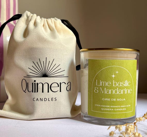 Bougie artisanale en cire de soja Lime, basilic & mandarine – Mèche en bois – 210 g – Avec son pochon en coton