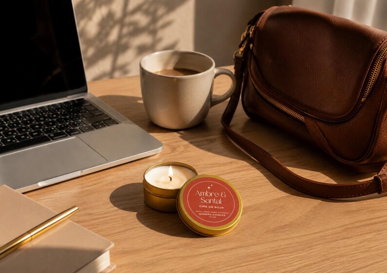 Bougie de voyage parfumée · Bougie artisanale en soya cire · Ambre & Santal · Mèche en bois · Cadeau femme image 3