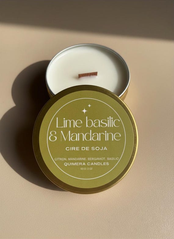 Bougie de voyage parfumée · Lime Basilic & Mandarine · Bougie artisanale en cire de soja · Mèche en bois · Cadeau femme