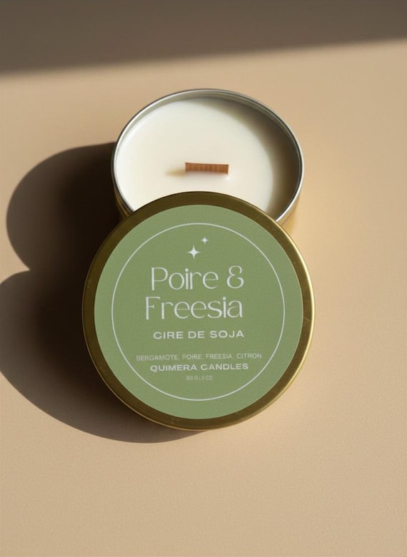 Bougie de voyage parfumée · Poire & Freesia · Bougie artisanale en cire de soja · Mèche en bois · Cadeau femme
