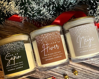 Parti med 3 Noël parfymerade bougies – “Douce Neige”, “Maison d’Hiver” & “Sous le Sapin” | Sojaböna | Faith main | Med individuella pochons