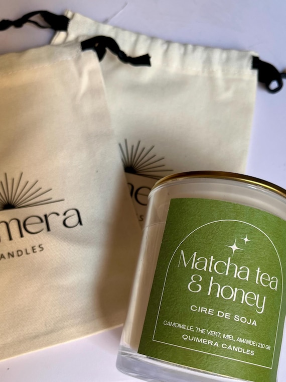 Bougie artisanale en cire de soja Matcha tea & honey – Mèche en bois – 210 g – Avec son pochon en coton