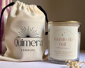 Artisanal bougie in soy sauce Jasmin de nuit – Mèche en bois – 210 g – Avec son pochon en coton