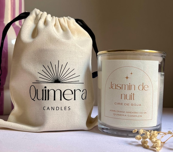 Bougie artisanale en cire de soja Jasmin de nuit– Mèche en bois – 210 g – Avec son pochon en coton