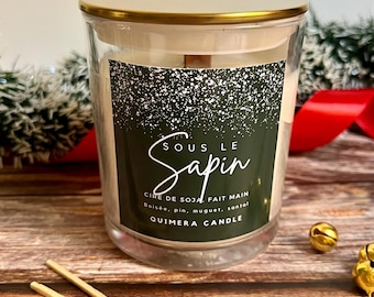 Bougie parfumée de Noël “Sous le Sapin” – Pin, muguet & bois de santal | Molho de soja Naturelle | Com pochon em algodão | Fé principal